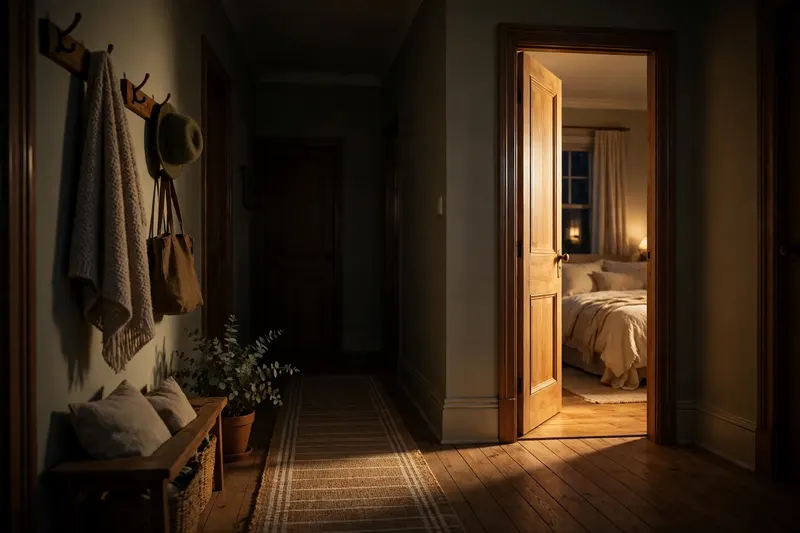 AL-1 Home Alarm — a quiet home hallway at night, warm light from a bedroom doorway